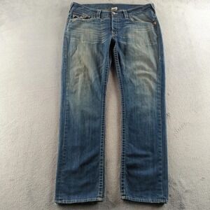 True Religion Jeans Mens 38x34 Blue Straight World Tour Embroidered Y2K Grunge